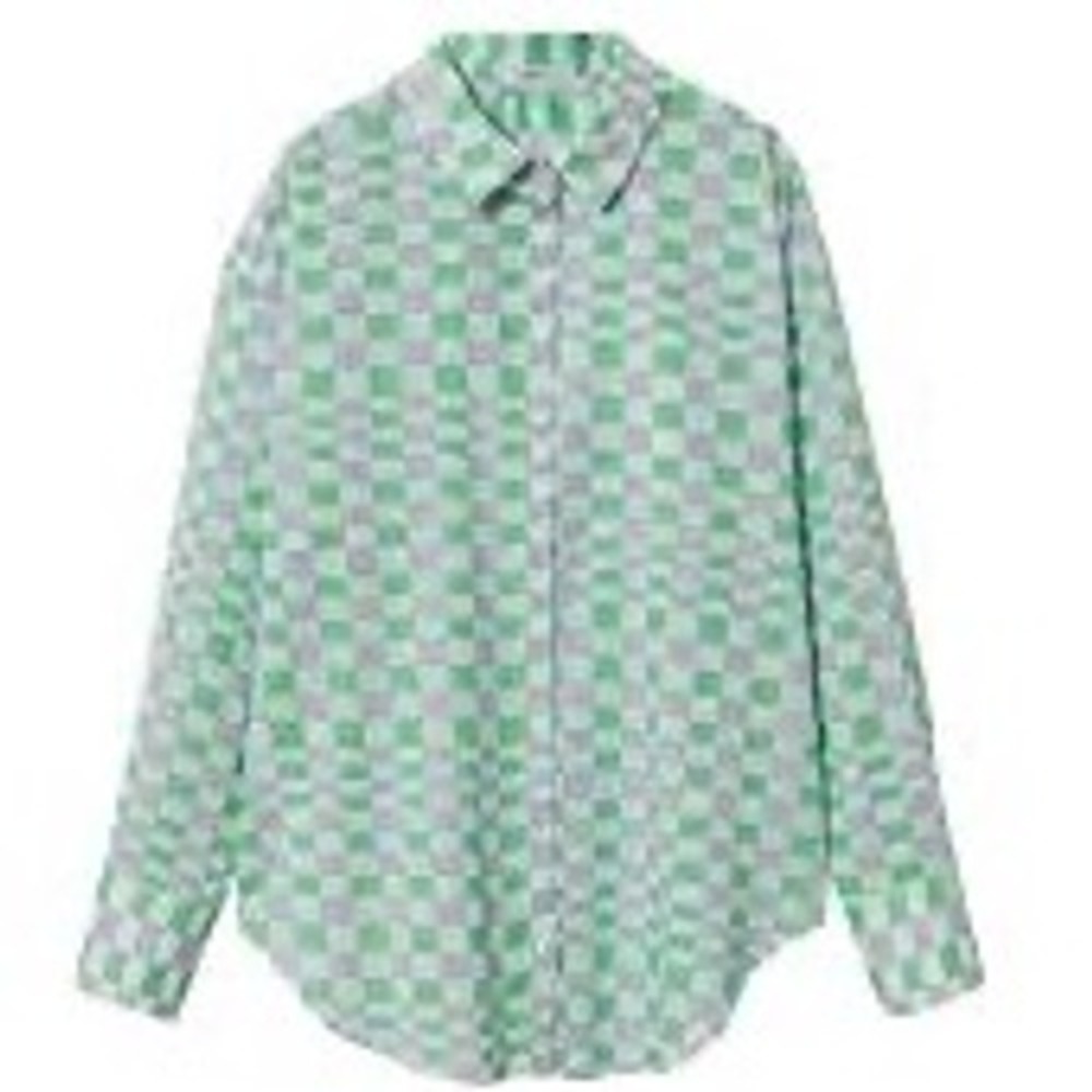 MNG Mango Cotton Checkered Button Down Shirt Green Purple Retro Print Women's XL